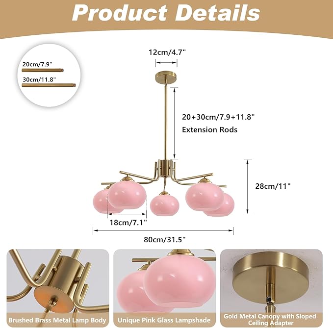 KCO Lighting Modern Pink Chandelier Pink Glass Pendant Light 5 Lights Gold Large Globe Chandelier Mid Century Flush Mount Ceiling Light Fixture for Dining Room Kitchen Island Living Room