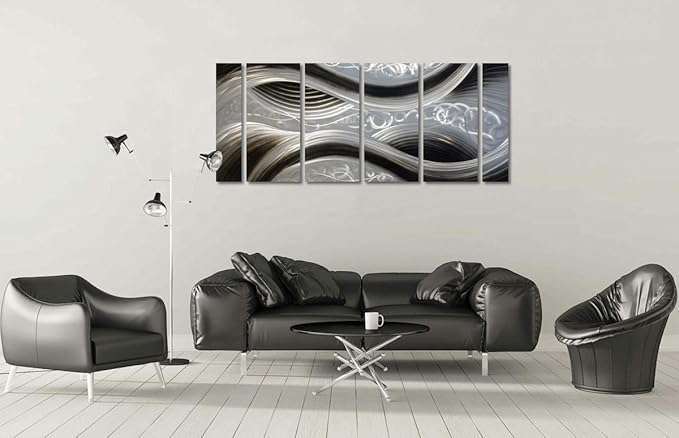 Handcrafted Abstract Metal Wall Art with Soft Color, Large Scale Decor in Black Line Design, 3D Artwork for Indoor Outdoor Wall Decorations, 6-Panels Metal Art Measure 24"x 65"
