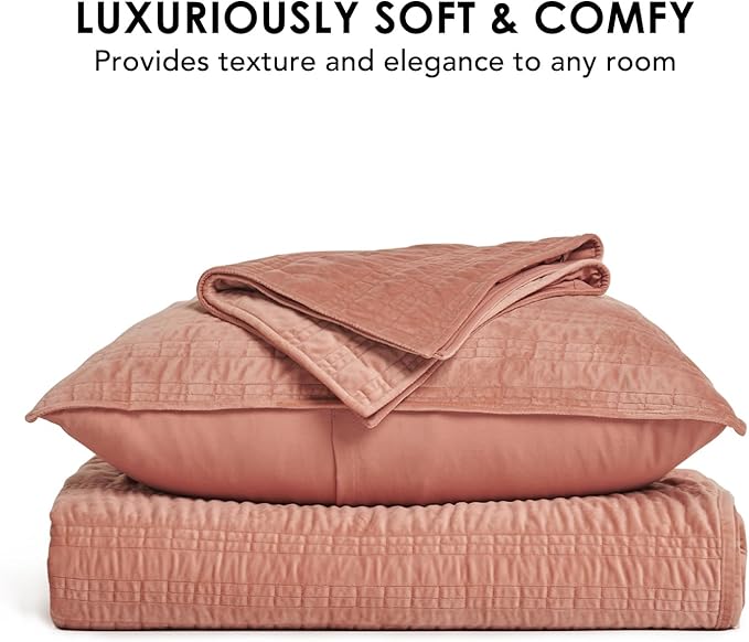 EVERGRACE Velvet Quilt Queen Size, Luxury Velvet Bedding Set, Ultra Soft Ruched Quilt Sets, Lightweight Comforter Vintage Textured Bedspread Coverlet with 2 Shams for All Season, Pink Clay