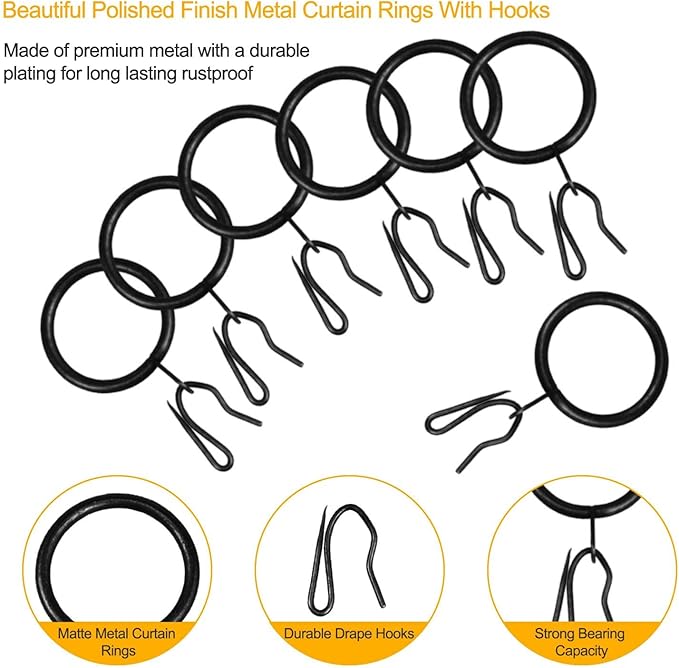 40 Pcs Metal Curtain Drapery Rings & Hooks, 30 mm Internal Diameter, Black