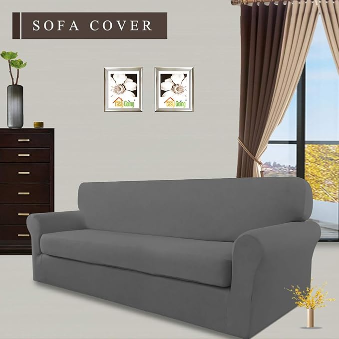 Easy-Going 2 Pieces Microfiber Stretch Sofa Slipcover – Spandex Soft Fitted Sofa Couch Cover, Washable Furniture Protector with Elastic Bottom Kids,Pet (Oversized Sofa, Gray)