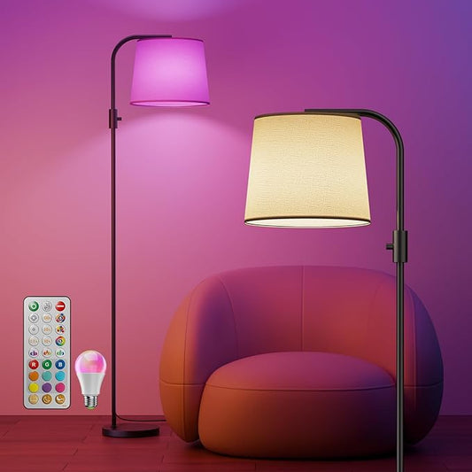 Dimmable Arc Floor Lamp, 1200 Lumens RGBCW Color Change Bulb Included, Standing Lamp with Linen Shade, 65" Tall Lamp with Remote for Living Room, Bedroom, Office, Dining Room, Kitchen, Black