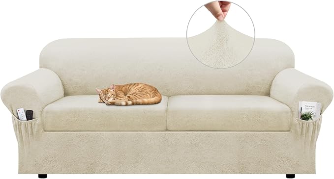 Sofa Slipcover with Armrest Pockets 3-Piece Set, Stretch Faux Leather Couch Cover for 2-Cushion Couches(Fits 72-92") - Non-Slip, Machine Washable, Pet & Kid Friendly - Beige