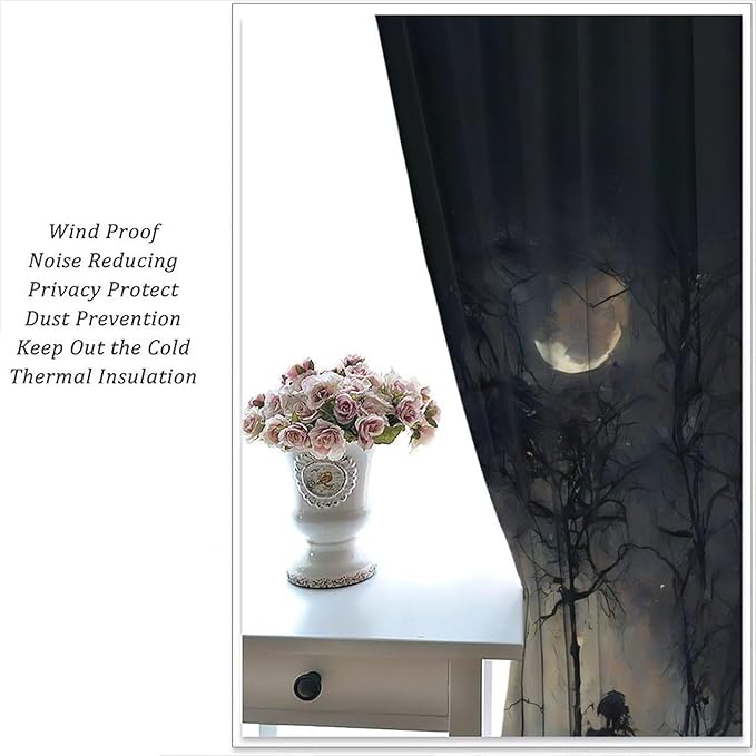 Gothic Halloween Crow Blackout Window Curtains, Black Birds Crow Crow Black Dark Decor Window Drapes, for Home Bedroom Living Room 31.5(W)*72(L) 2 Panels
