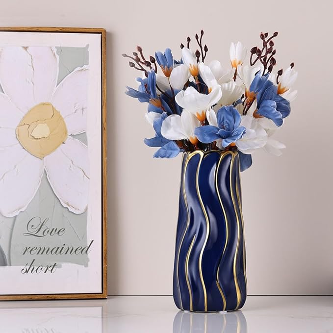 9.5" Blue Ceramic Vase - Minimalist Blue and Gold Flower Vase, Blue Decor Large Pampas Grass Vase, Boho Decorative Centerpiece Vase for Home Decor, Table, Shelf, Mantel, and Entryway