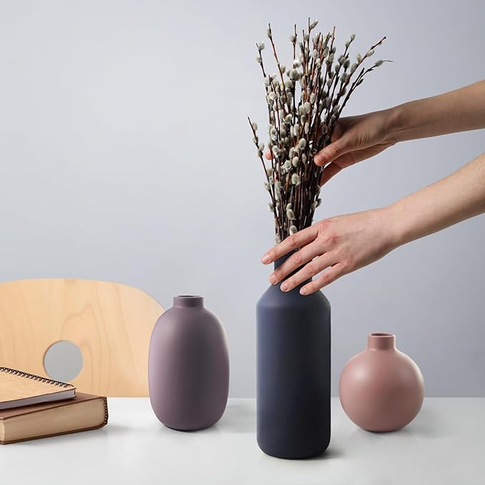 Modern Ceramic Vase Set of 3, Compact Farmhouse Terracotta Vases for Home Decor, Beautiful Flower Vase Decoration, Multicolor Combinations