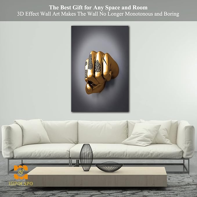 3D Wall Art - Abstract 3D Metal Effect Canvas Wall Art, 3D Modern Large Wall Art for Office, Golden Boxer Gesture 3D Art Wall Decor for Modern Bedroom Decor Framed 28”x40”x1Pcs