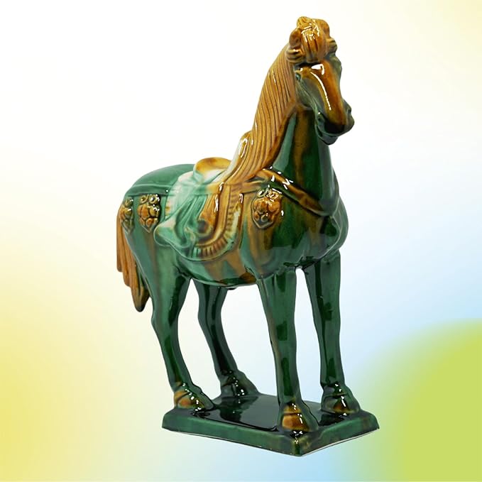 Handmade -Tang Dynasty Tri-Color Horse Sculpture Wemings Ceramic Horse-19cm Cultural Art Piece for Home,Bookcase or Office Decor (Green)
