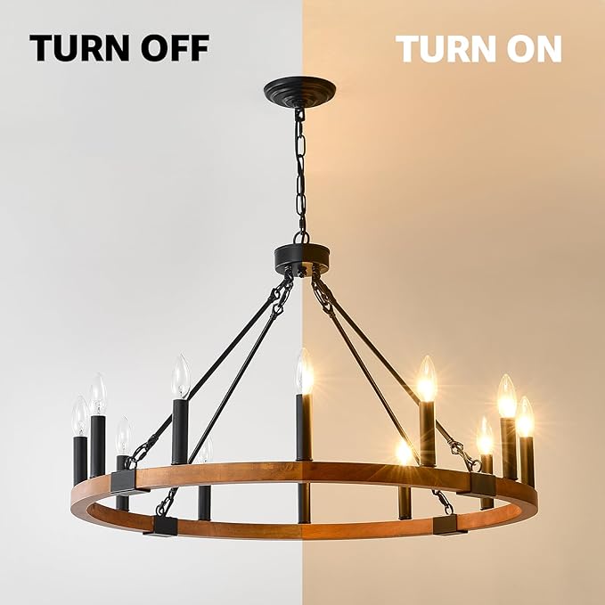 32'' Solid Wood Wagon Wheel Chandelier, 12-Light Farmhouse Chandeliers for Dining Room, Round Rustic Light Fixtures for Foyer Living Room Kitchen Island Entryway, E12