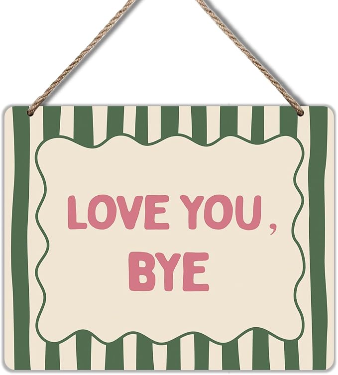 Udinaz Love You Bye Hanging Sign, Girls Room Wall Decor, Trendy Preppy Green Striped Aesthetic Hanging Wood Plaque Decor for Girly Bedroom Dorm Apartment Wall Door Decorations