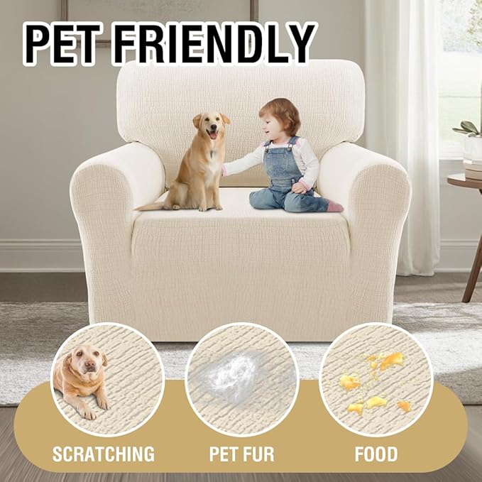 H.VERSAILTEX Jacquard Sofa Slipcover with Waterproof Seat Furniture Protector 1 Piece Stretch Sofa Covers with Elastic Bottom for Kids, Pets, Dog(Armchair, Ivory)