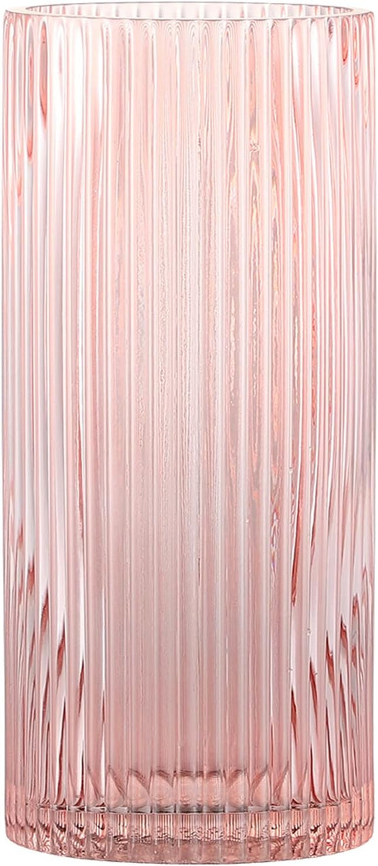 Pink Glass Vase for Flowers Ribbed Glass Vase, Pink Flower Vase, Tall Cylinder Glass Vases for Centerpieces, Living Room, Bedroom, Dining Table, Office, Wedding, Bookshelf Decoration,10 Inches