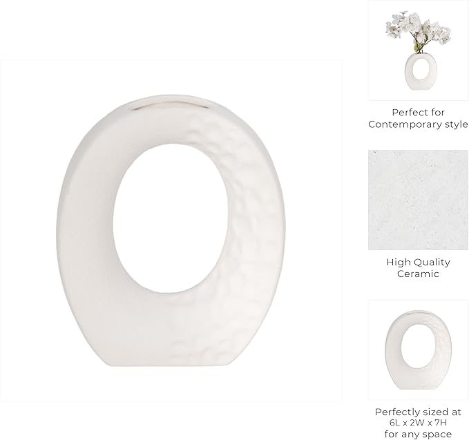 Modern Stoneware Vase with Rough Finish and Open Cut-Out – Contemporary Decorative Ceramic Flower Holder – Unique Home Decor Accent for Living Room, Bedroom, Office, or Dining Table –7", White
