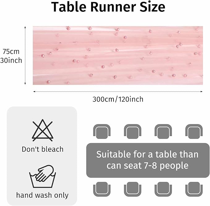 WELTRXE Pearl Table Runner 30x120 Inch 10FT Long, Pink Gauze Table Runners, Rustic Boho for Wedding Arch Birthday Party Bridal Veil Baby Shower Decorations