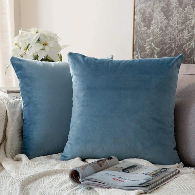 MIULEE Velvet Throw Pillow Covers 18x18 Inch Pack of 2,Soft Solid Decorative Pillowcases Modern Luxury Home Decor for Couch Sofa Bedroom Livingroom,Blue Gray