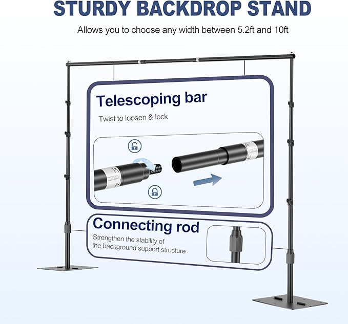 EMART Backdrop Stand,10x8.5ft(WxH) Adjustable Photo Background Stand with Upgrade Rod,Heavy Duty Flat Base,Metal Pipe and Drape Frame for Wedding,Birthday Party,Decorations,Photography Studio