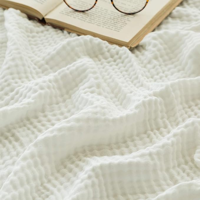 EMME Cotton Throw Blanket for Couch Soft Muslin Blankets 50"x60" Lightweight Breathable Blanket All Season Gauze Blanket, White