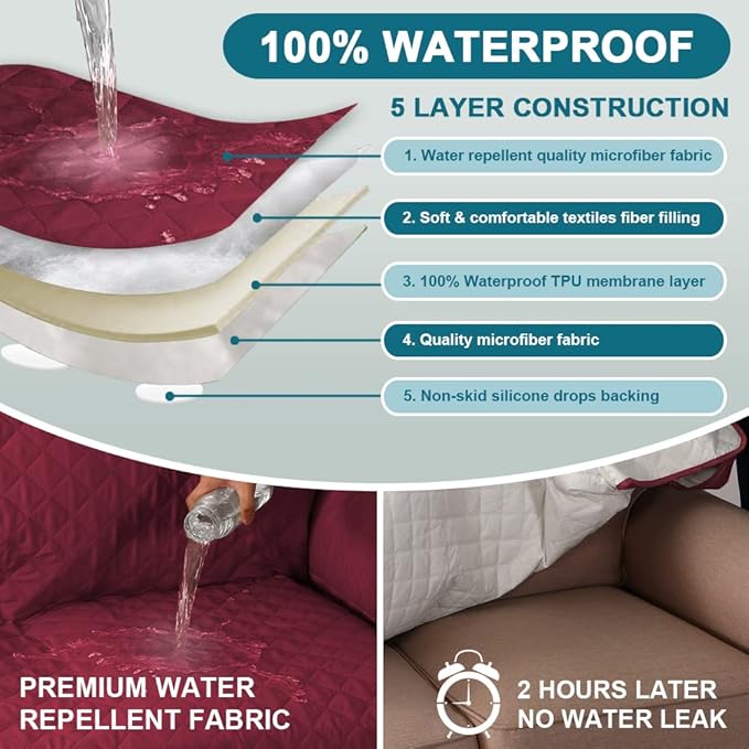 Turquoize 100% Waterproof Couch Cover Sofa Covers for 2 Cushion Couch Loveseat Covers Triple Non-Slip Couch Cover for Dogs Washable Furniture Protector Cover for Pets,Dog (Loveseat 54", Burgundy)