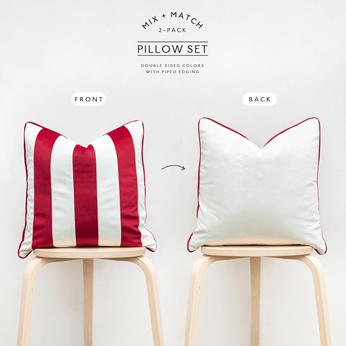 MONDAY MOOSE Christmas Decorative Throw Pillow Covers Cushion Cases, Set of 2 Soft Velvet Striped Piping Edge Designs, Pillow Inserts Not Included (Red/White, 18x18 inch)