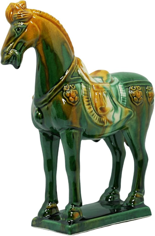 Handmade -Tang Dynasty Tri-Color Horse Sculpture Wemings Ceramic Horse-19cm Cultural Art Piece for Home,Bookcase or Office Decor (Green)