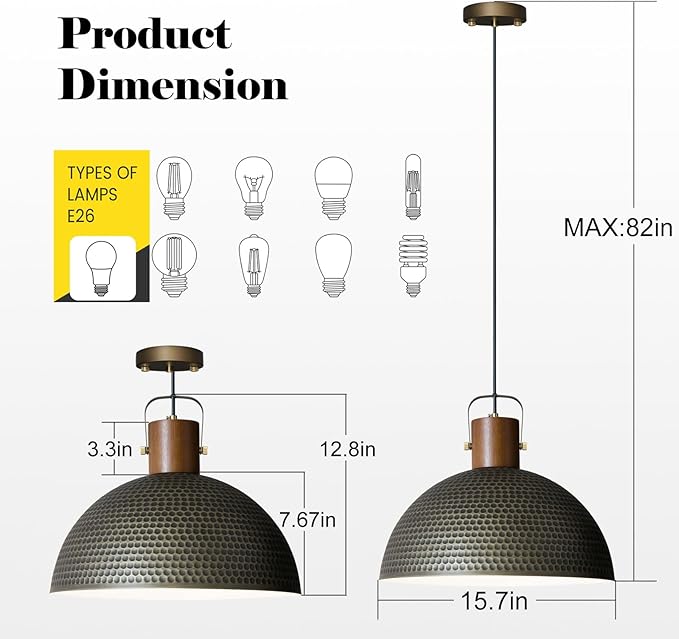 Large Pendant Light Fixtures, 15.7 Inch Vintage Wood Dome Chandelier Lamp, Hammered Matte Brushed Metal Pendant Lamp, Mid Century Gold Ceiling Hanging Light for Dining Room, Living Room Kitchen Island