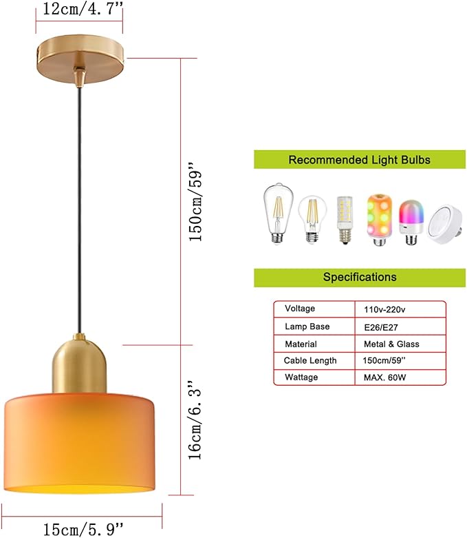 Modern Glass Pendant Light, E26 Hanging Light Fixture with Gold Metal Socket, Adjustable Cord Ceiling Lighting for Kitchen, Dining Room, and Bedroom (Orange)