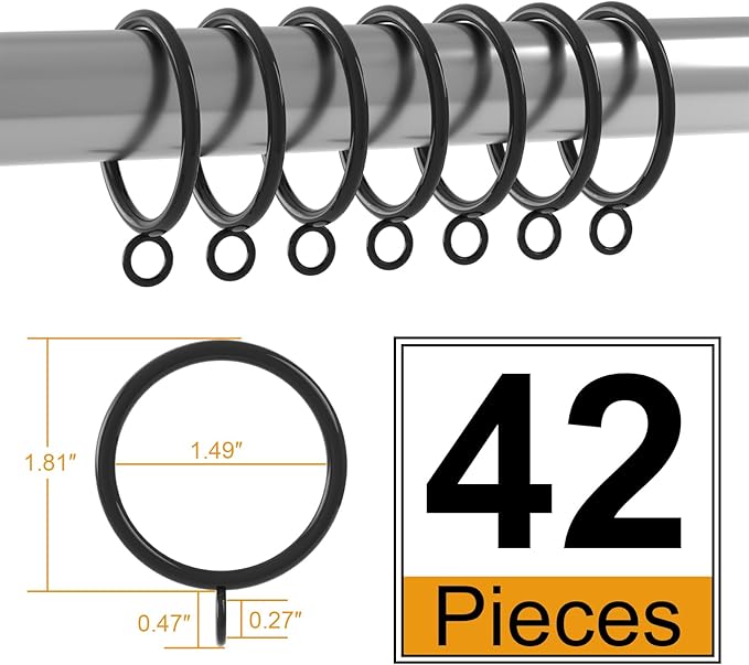 42 PCS Curtain Rings, 1.5 inch Metal Curtain Drape Sliding Eyelet Rings-Hanging Rings for Curtains and Rods, Fits Up to 1 1/4-Inch Rod, Black(Clips Not Included)