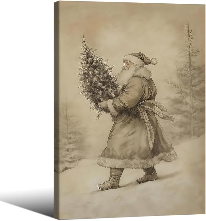 Santa Claus Sketch Poster Vintage Christmas Tree Wall Art 24x36 inch Framed Antique Winter Landscape Canvas Pictures Cozy Holiday Wall Decor