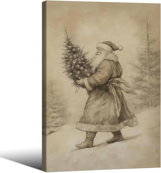 Santa Claus Sketch Poster Vintage Christmas Tree Wall Art 16x24 inch Framed Antique Winter Landscape Canvas Pictures Cozy Holiday Wall Decor