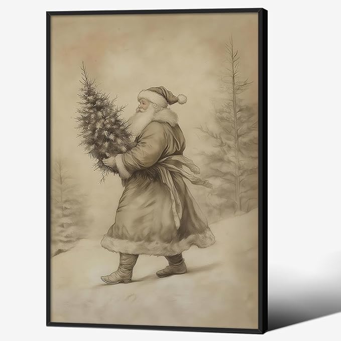 Santa Claus Sketch Poster Vintage Christmas Tree Wall Art 24x36 inch Black Framed Antique Winter Landscape Canvas Pictures Cozy Holiday Wall Decor
