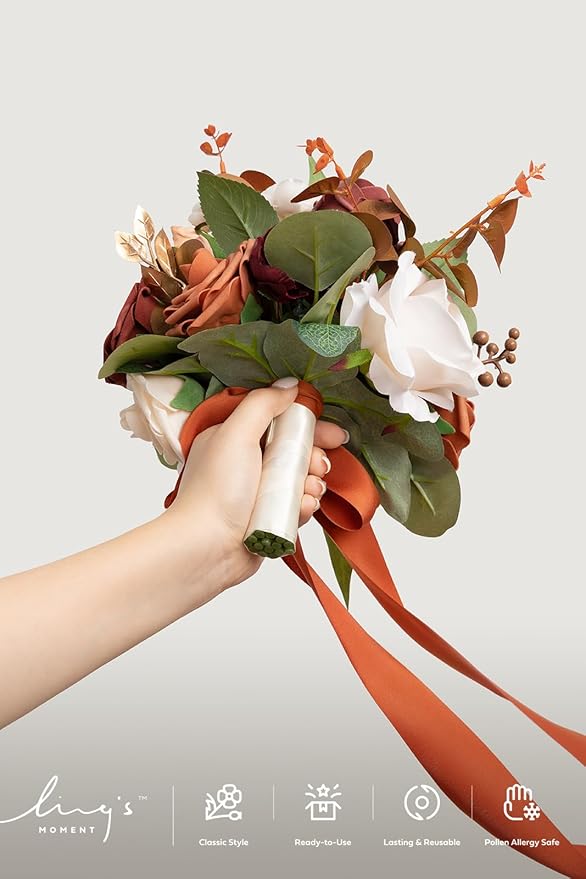 Ling's moment Terracotta Bridesmaid Bouquet Burnt Orange Wedding Bouquets for Bridesmaids 7 Inch Bridal Bouquets for Bridesmaids Rust Wedding Decor Ceremony Anniversary Homecoming