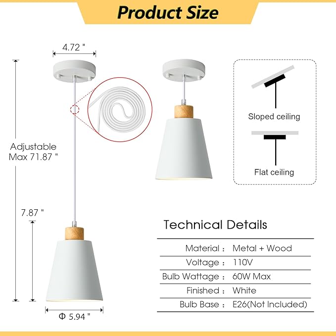 White Pendant Light Kitchen Island Wood Pendant Lighting Mini Modern Hanging Light Small Pendant Light Fixture for Dining Room,Bar,Bedroom,Adjustable Cord,5.94 inch,1 PCS