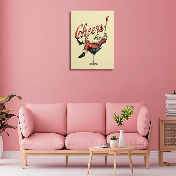 Vintage Christmas Drink Poster,Trendy SantaCheers Prints,Holiday Bar Artwork,Vintage Christmas Cocktail Art,Bar Cart Print,Retro Kitchen Xmas Decor