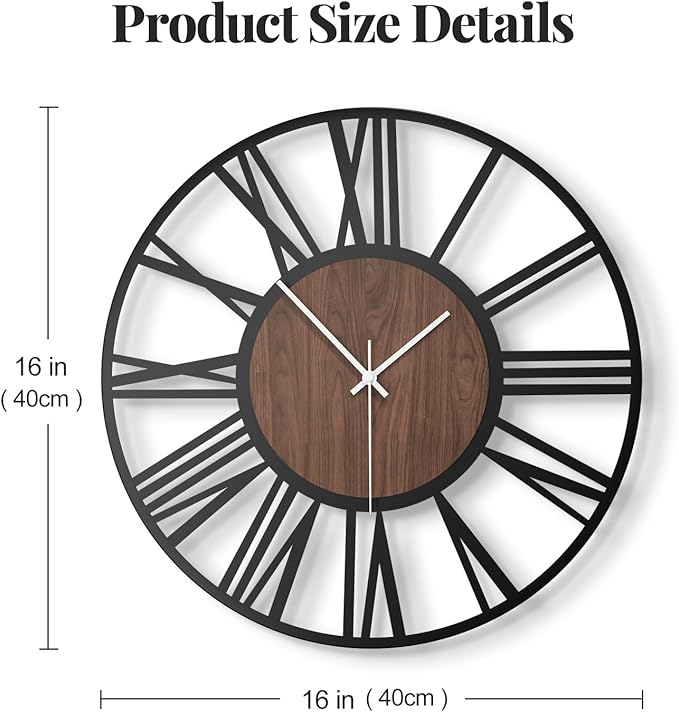Modern Wall Clocks for Living Room, 16 inch Wood Walnut Dial Decorative Wall Clock Battery Operated, Non Ticking Silent Big Round Black Metal Clock, Bedroom, Kitchen, Office Decor-Roman Numerals