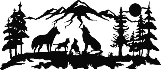 DEKADRON Metal Wall Art, Metal Wolves Family Art, Nature Wall Art, Wolf, Mountain and Tree Decor, Metal Wall Decor (24" W x 10" H / 60x26 cm)