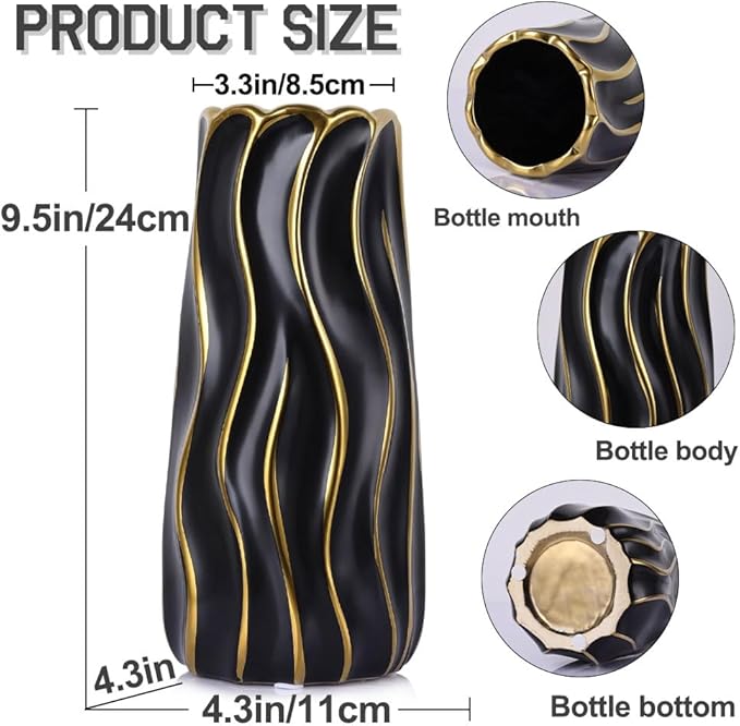 9.5" Black Ceramic Vase - Minimalist Black and Gold Flower Vase, Large Pampas Grass Vase, Boho Decorative Centerpiece Vase for Home Decor, Wedding, Housewarming, Table, Shelf, Mantel, and Entryway