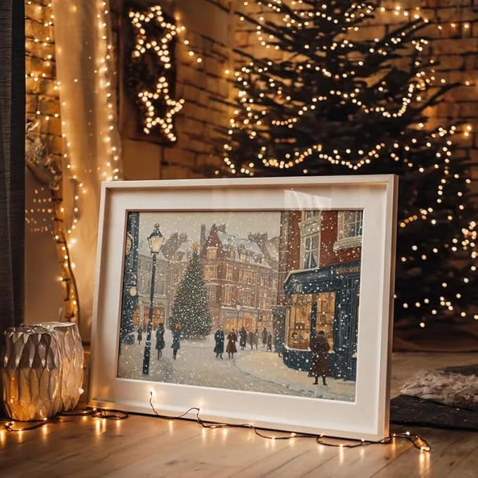 OZCONO Vintage Christmas Town Artwork for Holiday Home Decor, Snowy Winter Street Scene Wall Art, Classic Christmas Village Painting, Cozy Seasonal Winter Decoration (Unframed) (24x36)