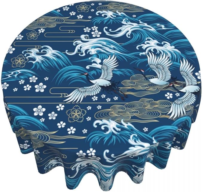 Japanese Tablecloth, Blue Traditioanal Chinese Landscape Great Waves Oriental Vintage Cherry Blossom Water Resisitant Table Cover for Dining Kitchen Living Room Home Party Holiday Decor 60 inch Round