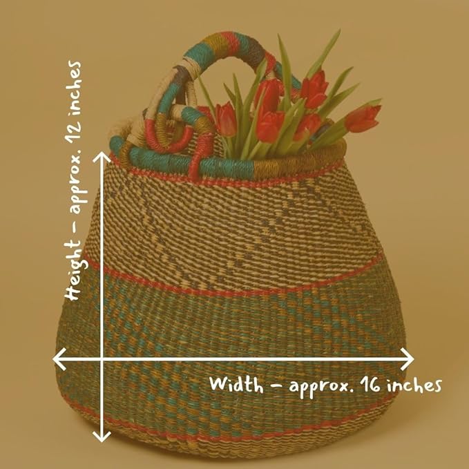 Home & Kitchen Decor, Wicker Basket, Picnic Basket, Living Room Basket, Organizing, Harvesting, Foraging, Fruit Storage, Hand Woven, Pot Shape, 16" Wide, Boho - Dark Green, Red