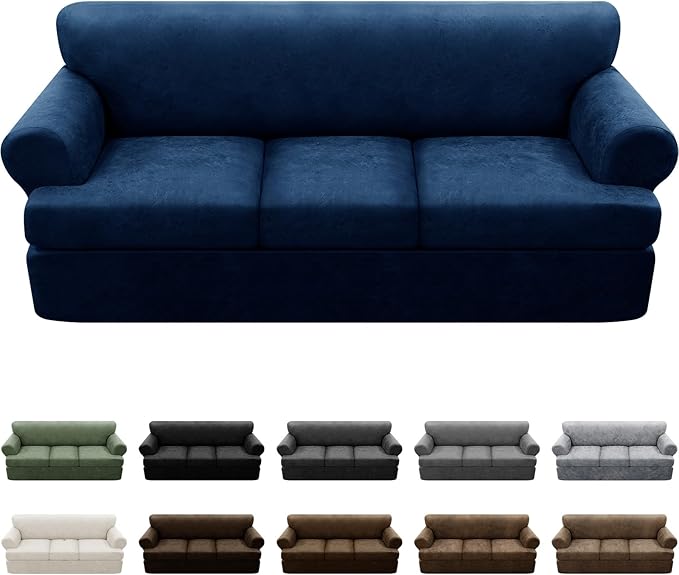 4-Piece T Couch Cover - Leather Look Slipcovers for 3 Cushion Sofa, Washable, Navy