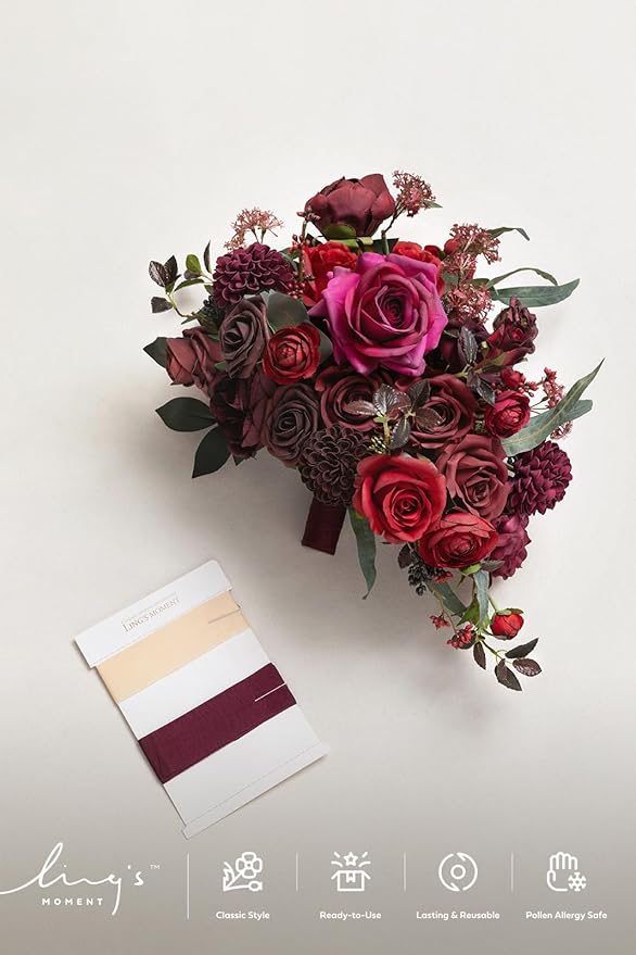 Ling's moment Red Bridal Bouquet Cascading, Burgundy Wedding Bouquets for Bride, 13 Inch Bride Bouquets for Wedding Artificial Flowers Bouquets