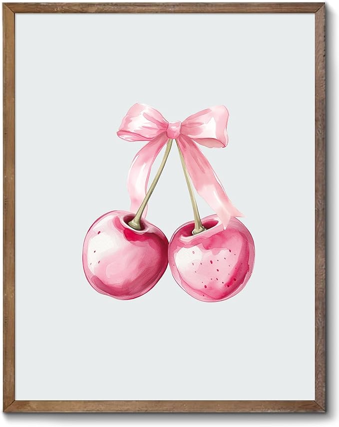 Trendy Pink Bows Wall Art Coquette Preppy, Vintage Preppy Cherry Posters Prints, Pink Girly Room Aesthetic Wall Decor Painting For College Dorm Living Room Bedroom Unframed 8x10