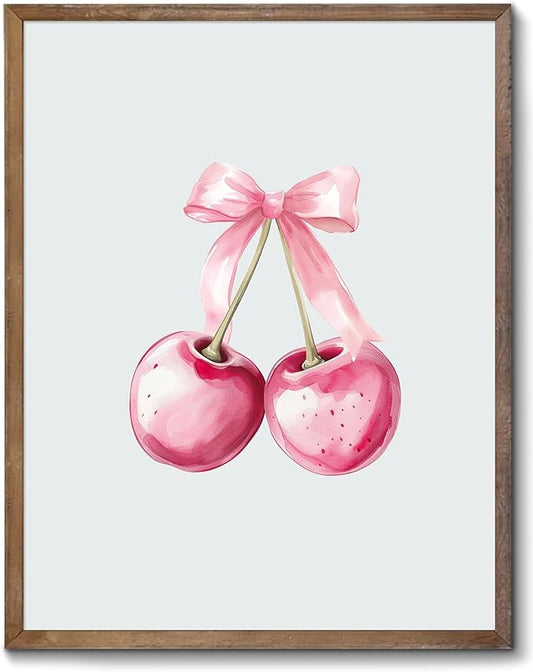 Trendy Pink Bows Wall Art Coquette Preppy, Vintage Preppy Cherry Posters Prints, Pink Girly Room Aesthetic Wall Decor Painting For College Dorm Living Room Bedroom Unframed 8x10