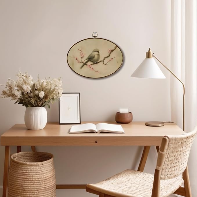 JQF Vintage Bird Oval Wall Decor, Rustic Farmhouse Bird Oval Canvas Wall Art, Neutral Cottagecore Botanical Framed Prints Hanging Decor for Home Bedroom Living Room, 11.5x8.5 Inch