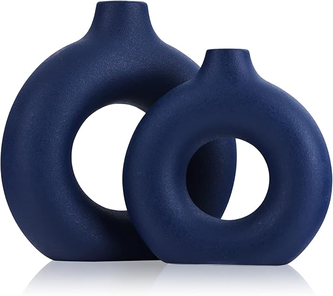 Navy Blue Ceramics Vase for Home Decor,Minimalist Nordic Hollow Donut Vase Set of 2,Modern Navy Blue Decor for Kitchen Table Centerpiece,Living Room,Fire Place,Bookshelf,Office,Entryway,Console
