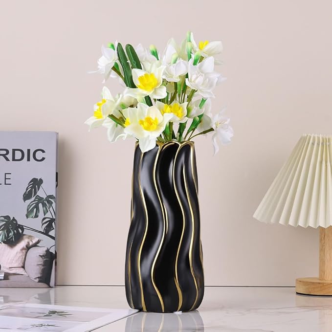 9.5" Black Ceramic Vase - Minimalist Black and Gold Flower Vase, Large Pampas Grass Vase, Boho Decorative Centerpiece Vase for Home Decor, Wedding, Housewarming, Table, Shelf, Mantel, and Entryway