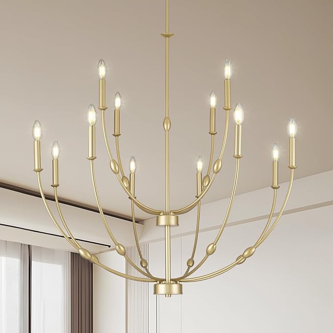 Large Gold Chandelier Light Fixture, 2 Tier 12-Lights Long Chandeliers for High Ceilings, Modern Candle Chandelier for Living Room Foyer Entryway