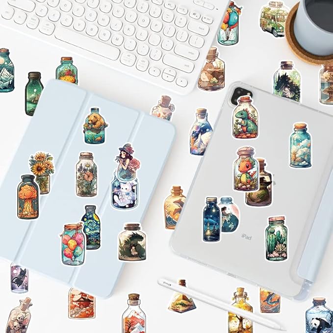 Yoksas 50Pcs World in The Bottle Stickers - Aesthetic Scenery Cartoon Anime Artist Decals for Water Bottle,Laptop,Scrapbooking,Tumbler