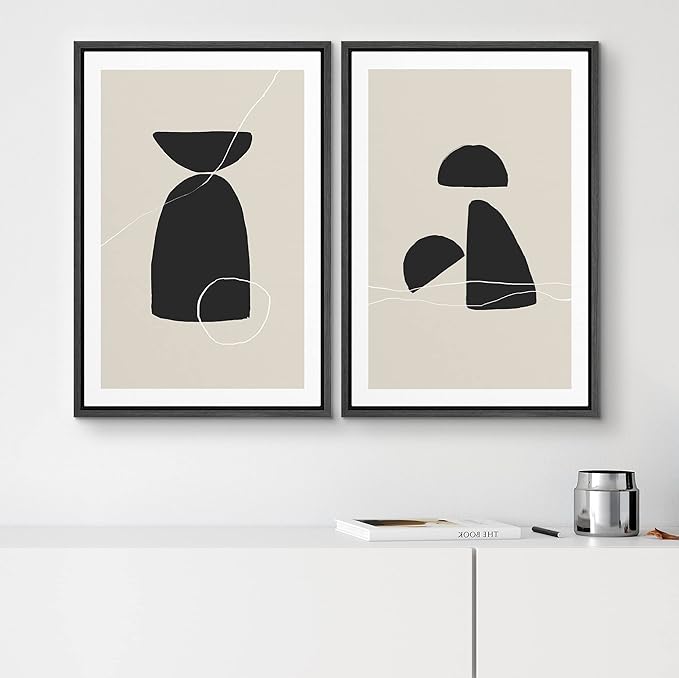 SIGNWIN Framed Canvas Print Wall Art Set Black Tan Mid-Century Figures Abstract Shapes Illustrations Modern Art Decorative Nordic Multicolor for Living Room, Bedroom, Office - 16"x24"x2 Black