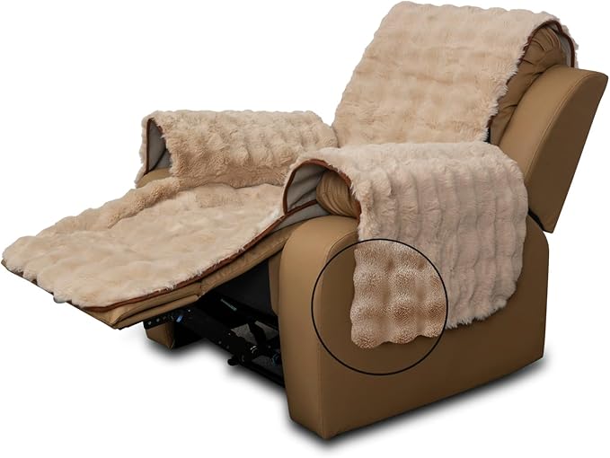 Plush and Fuzzy Shaggy Couch Cover, Dog Pad Faux Fur Sofa Cover, Water Resistant Slipcover, Non-Slip Furniture Protector for Kids,Dogs,Cats.(Light Brown-Bubble, Medium Recliner)